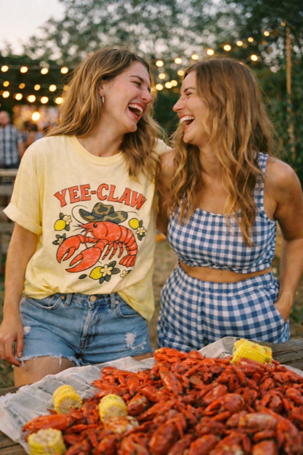 Two women laughing at a crawfish boil wearing a Yee Claw lobster graphic T-shirt and a gingham summer outfit outdoors