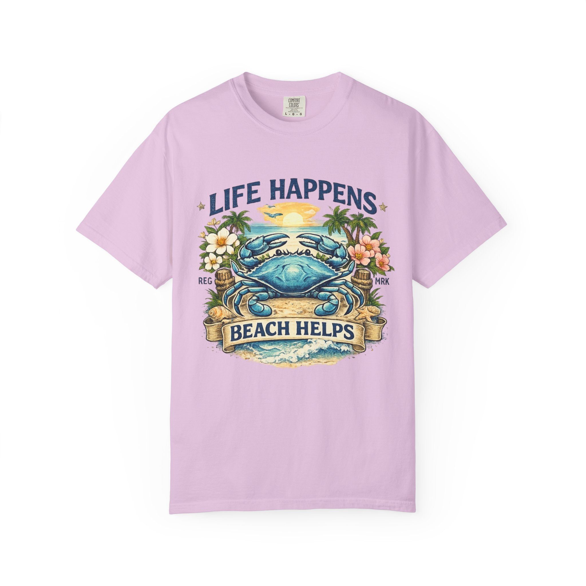 Life Happens Beach Helps Tee | Coastal Blue Crab Spring Graphic T-Shirt