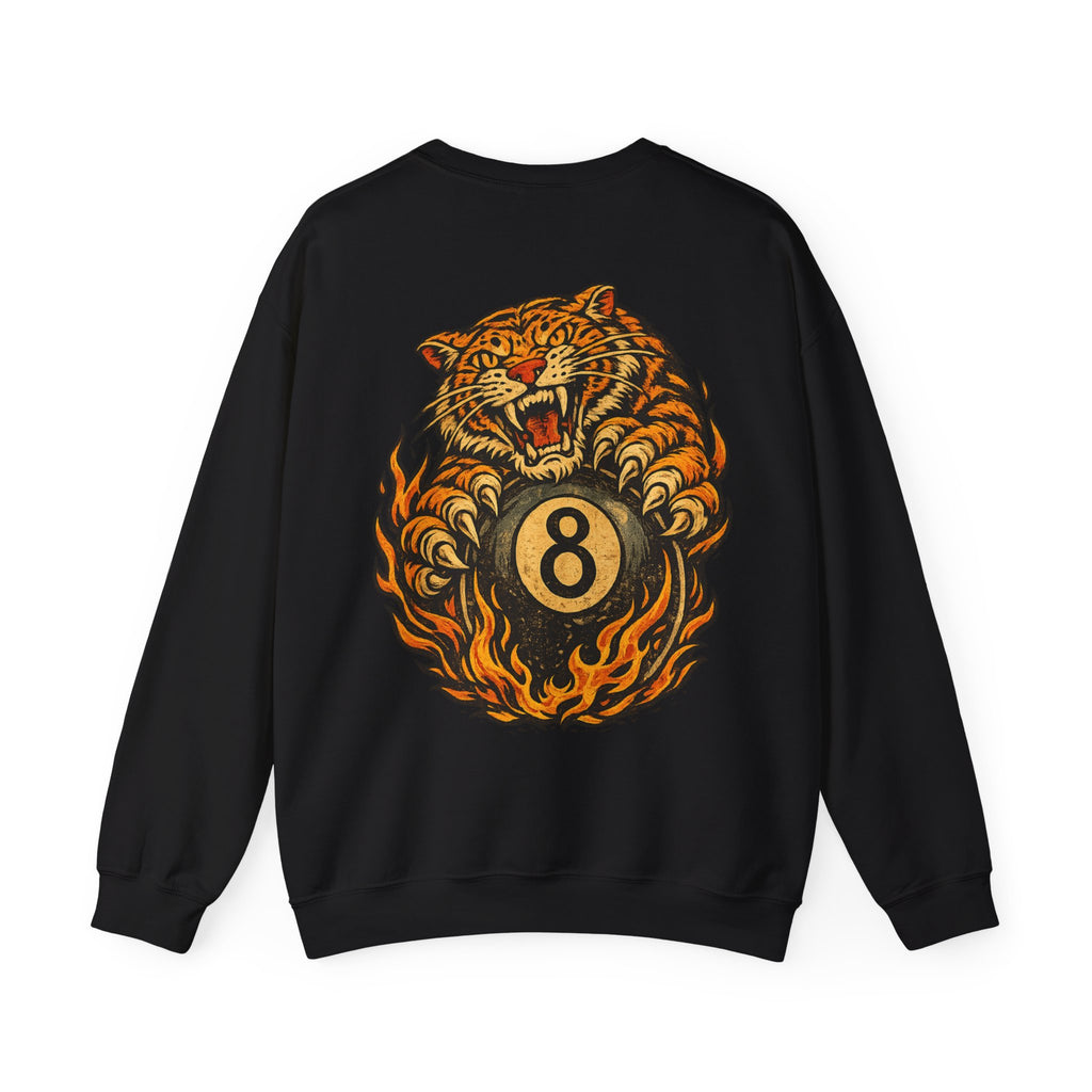 Vintage black sweatshirt with retro tiger and 8 ball graphic printed on the back, bold streetwear style