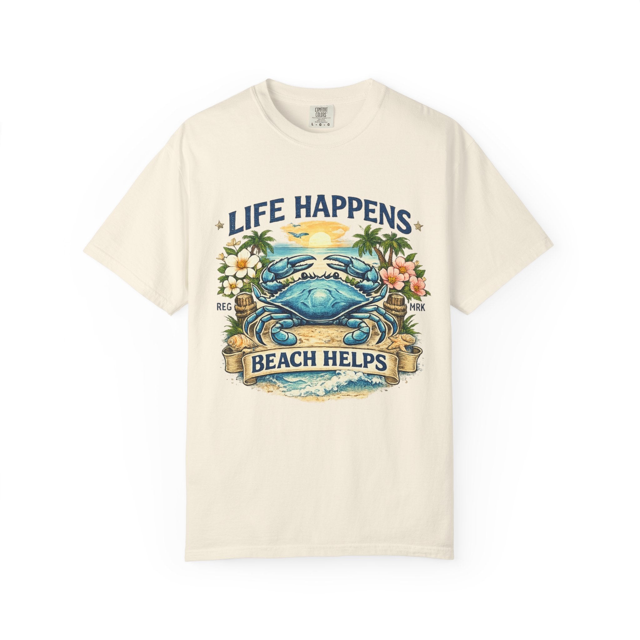 Life Happens Beach Helps Tee | Coastal Blue Crab Spring Graphic T-Shirt