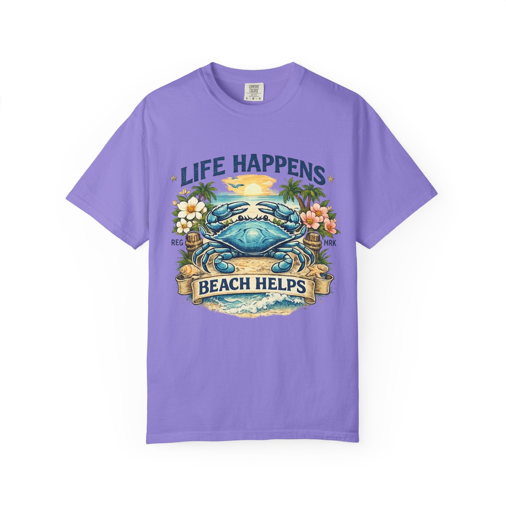 Life Happens Beach Helps Tee | Coastal Blue Crab Spring Graphic T-Shirt