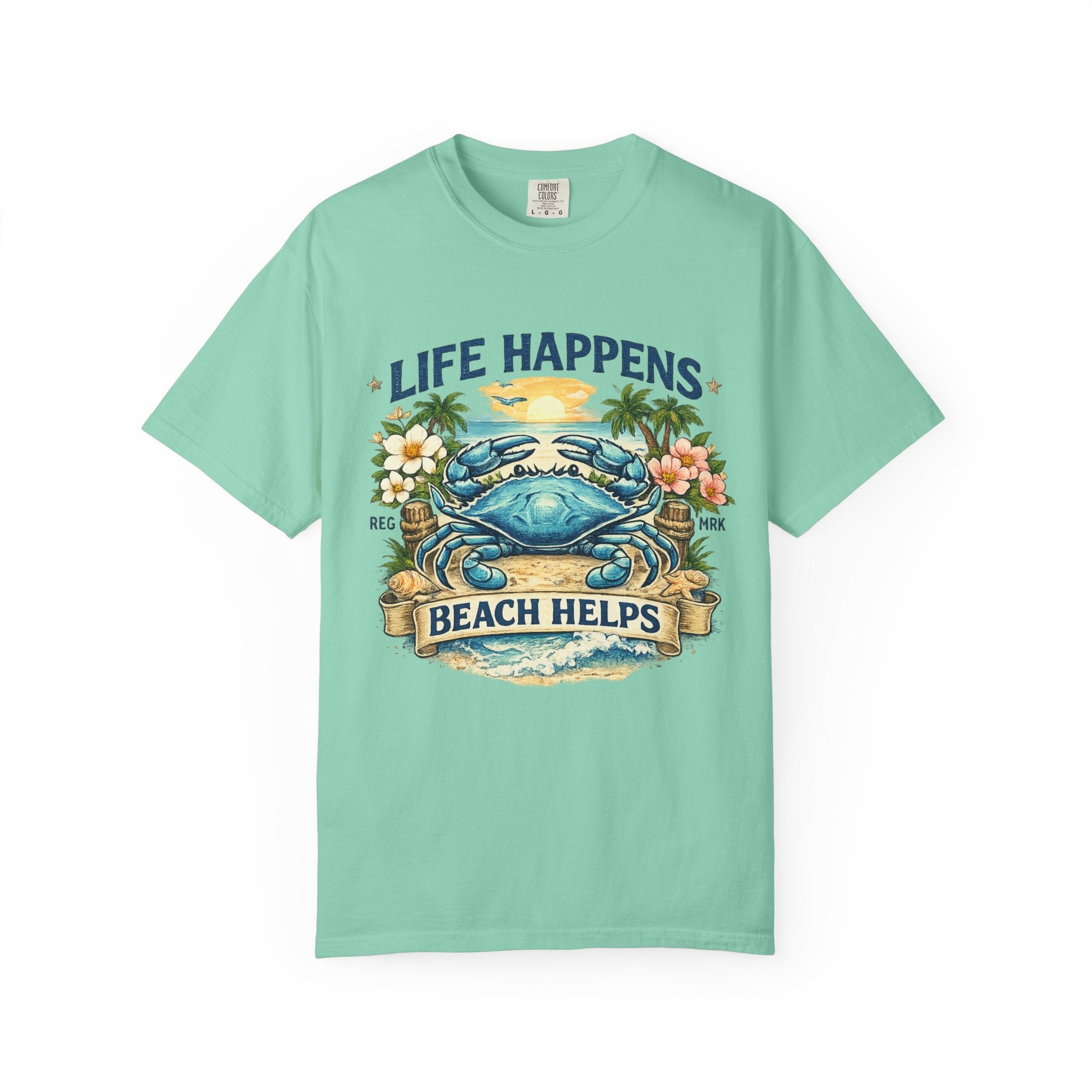 Life Happens Beach Helps Tee | Coastal Blue Crab Spring Graphic T-Shirt