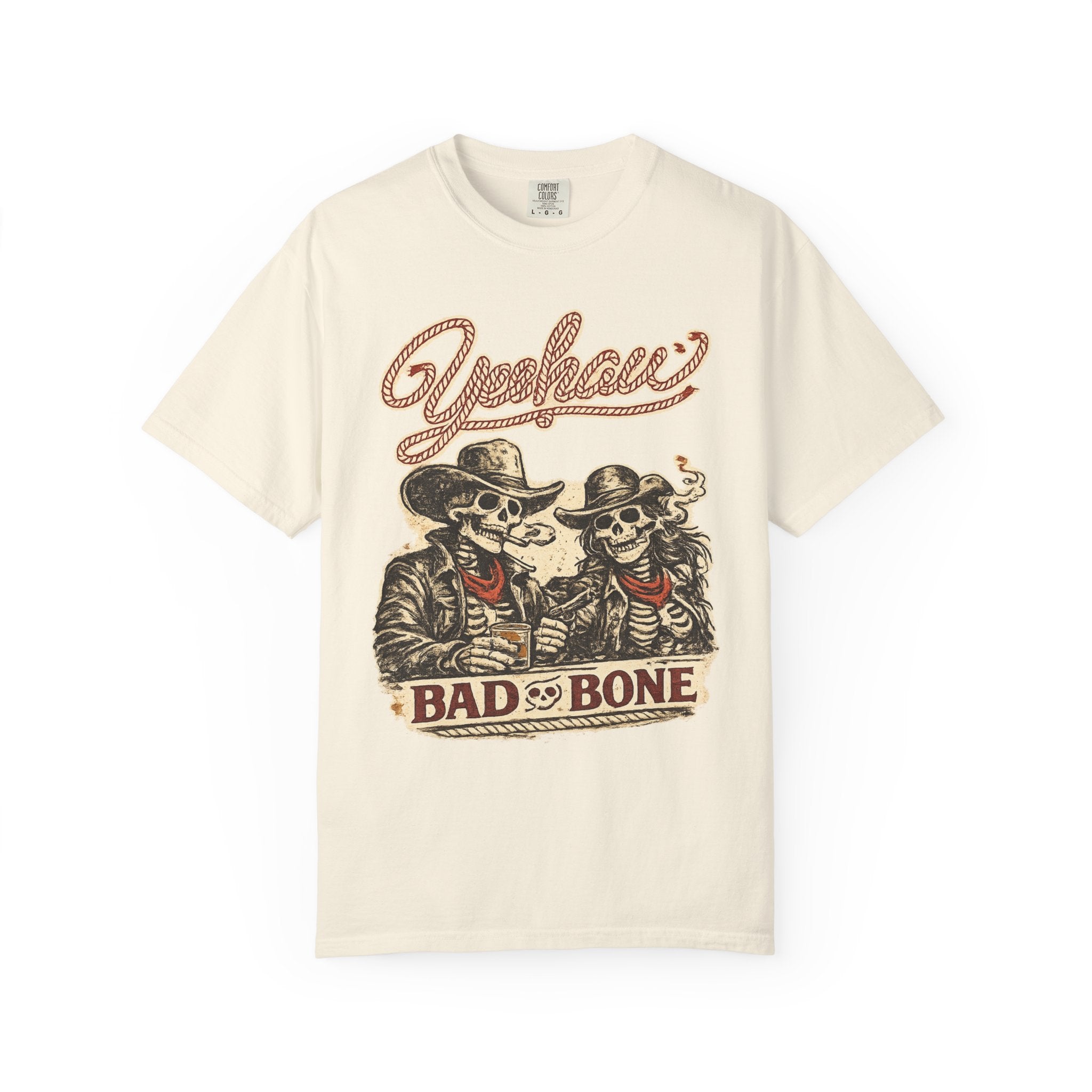 Close-up of western cowgirl graphic printed on Comfort Colors t shirt