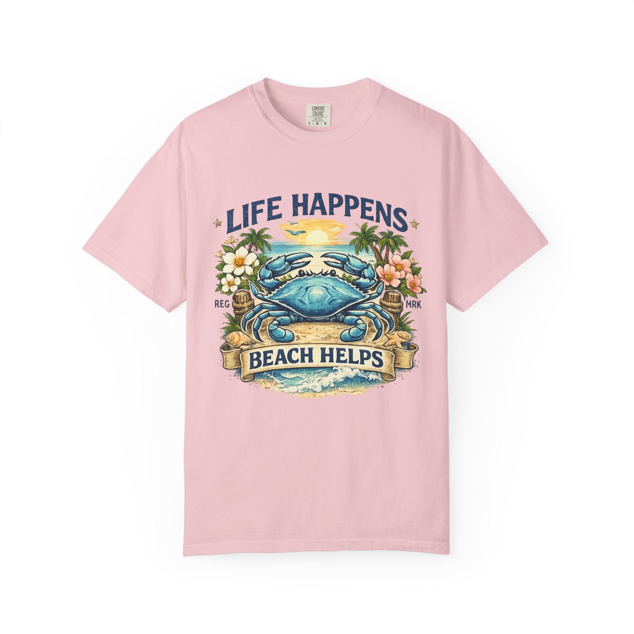 Life Happens Beach Helps Tee | Coastal Blue Crab Spring Graphic T-Shirt