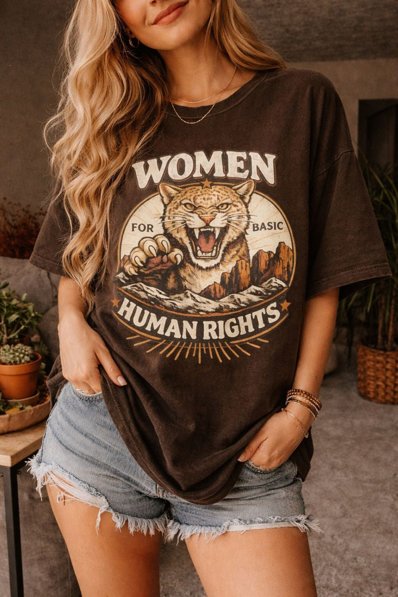 Women's empowerment cat graphic shirt in Espresso — lifestyle photo