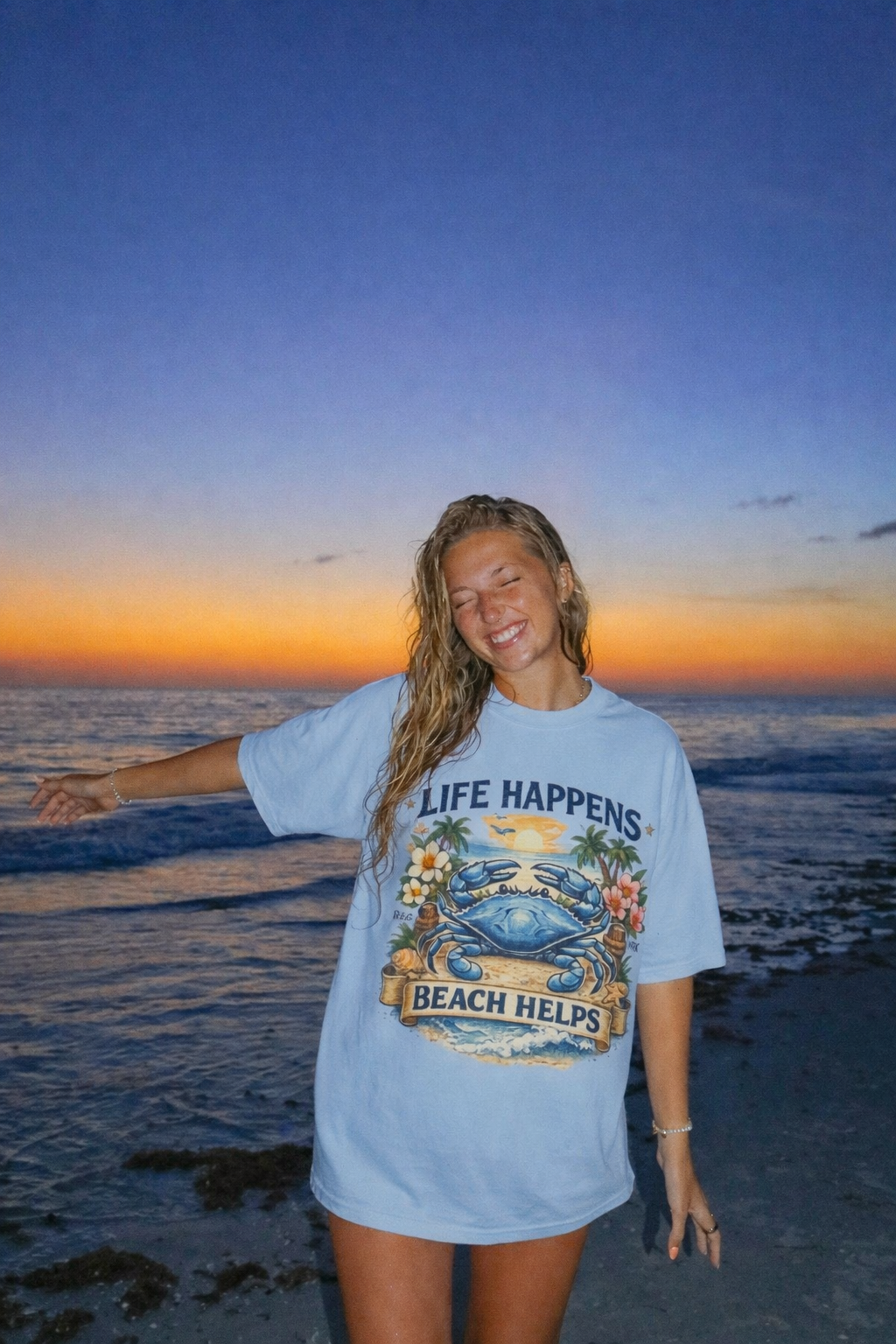Life Happens Beach Helps Tee | Coastal Blue Crab Spring Graphic T-Shirt