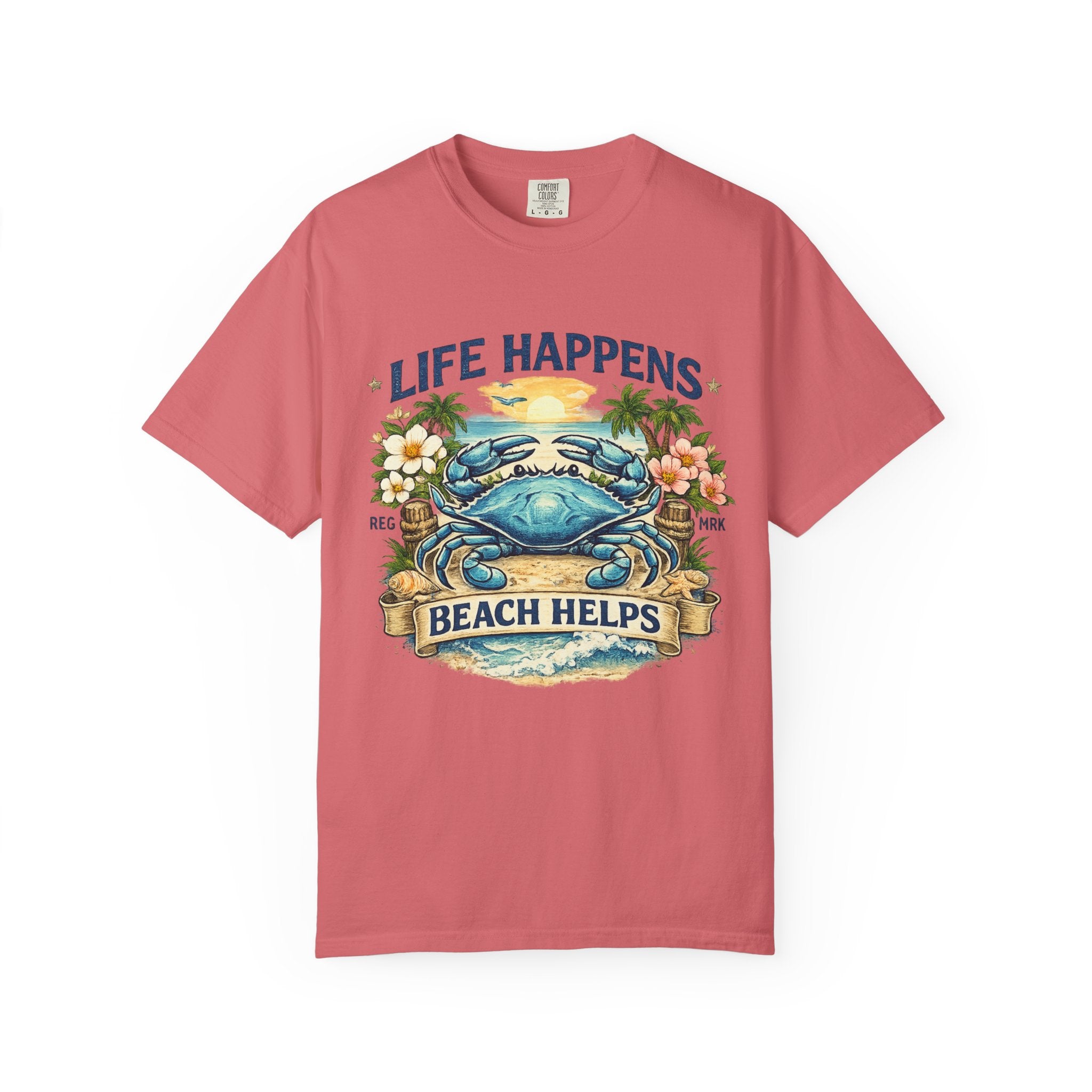 Life Happens Beach Helps Tee | Coastal Blue Crab Spring Graphic T-Shirt