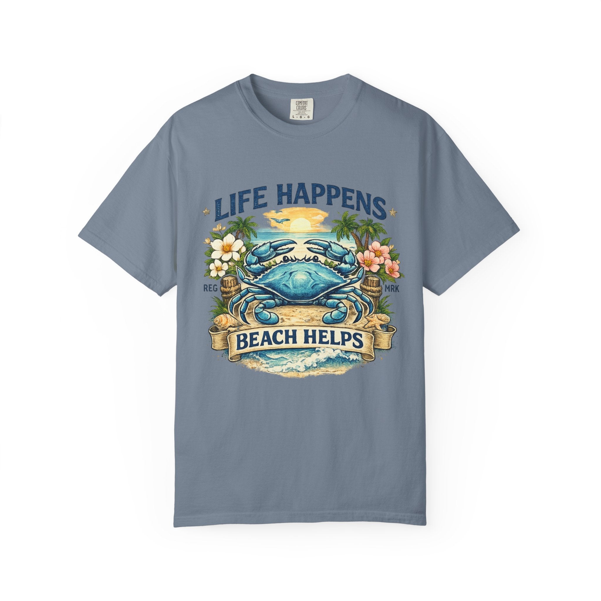 Life Happens Beach Helps Tee | Coastal Blue Crab Spring Graphic T-Shirt