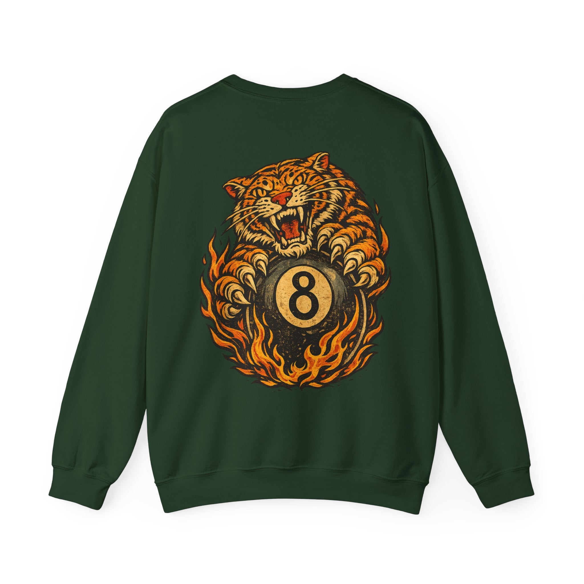 Model wearing vintage tiger 8 ball sweatshirt from the back, oversized streetwear fit