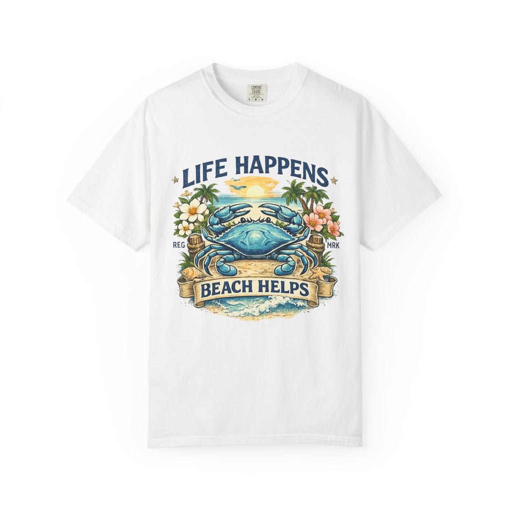 Life Happens Beach Helps Tee | Coastal Blue Crab Spring Graphic T-Shirt
