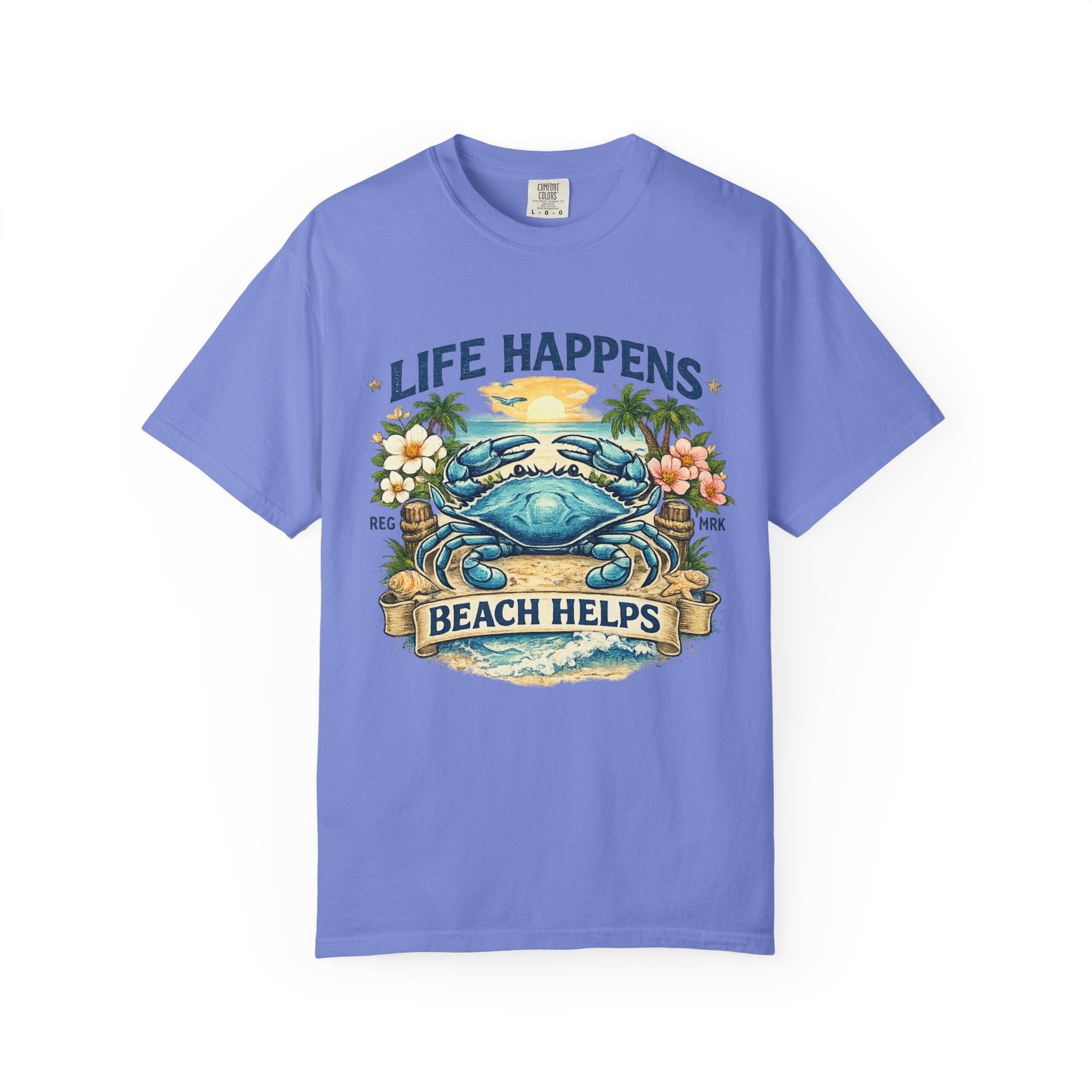 Life Happens Beach Helps Tee | Coastal Blue Crab Spring Graphic T-Shirt