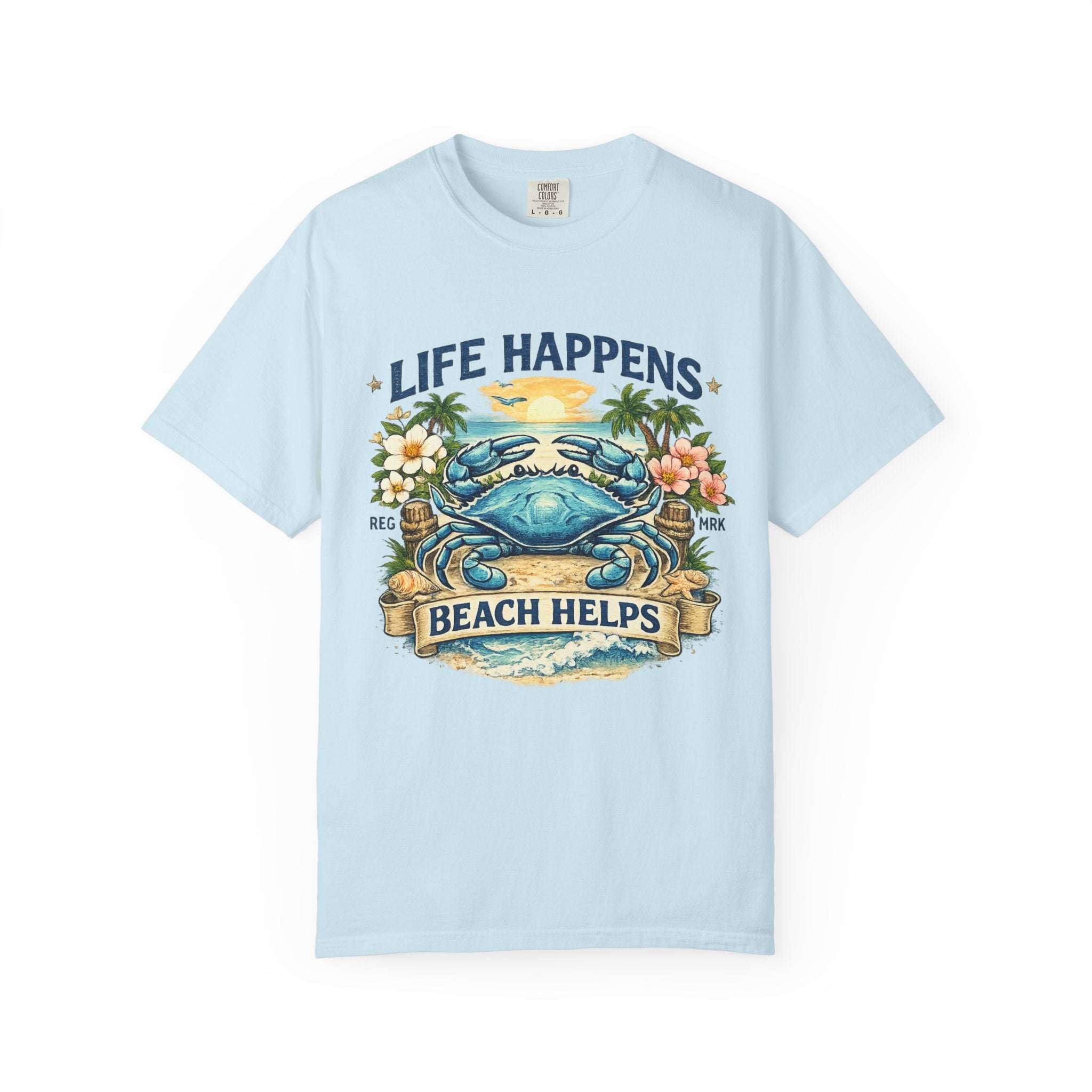 Life Happens Beach Helps Tee | Coastal Blue Crab Spring Graphic T-Shirt