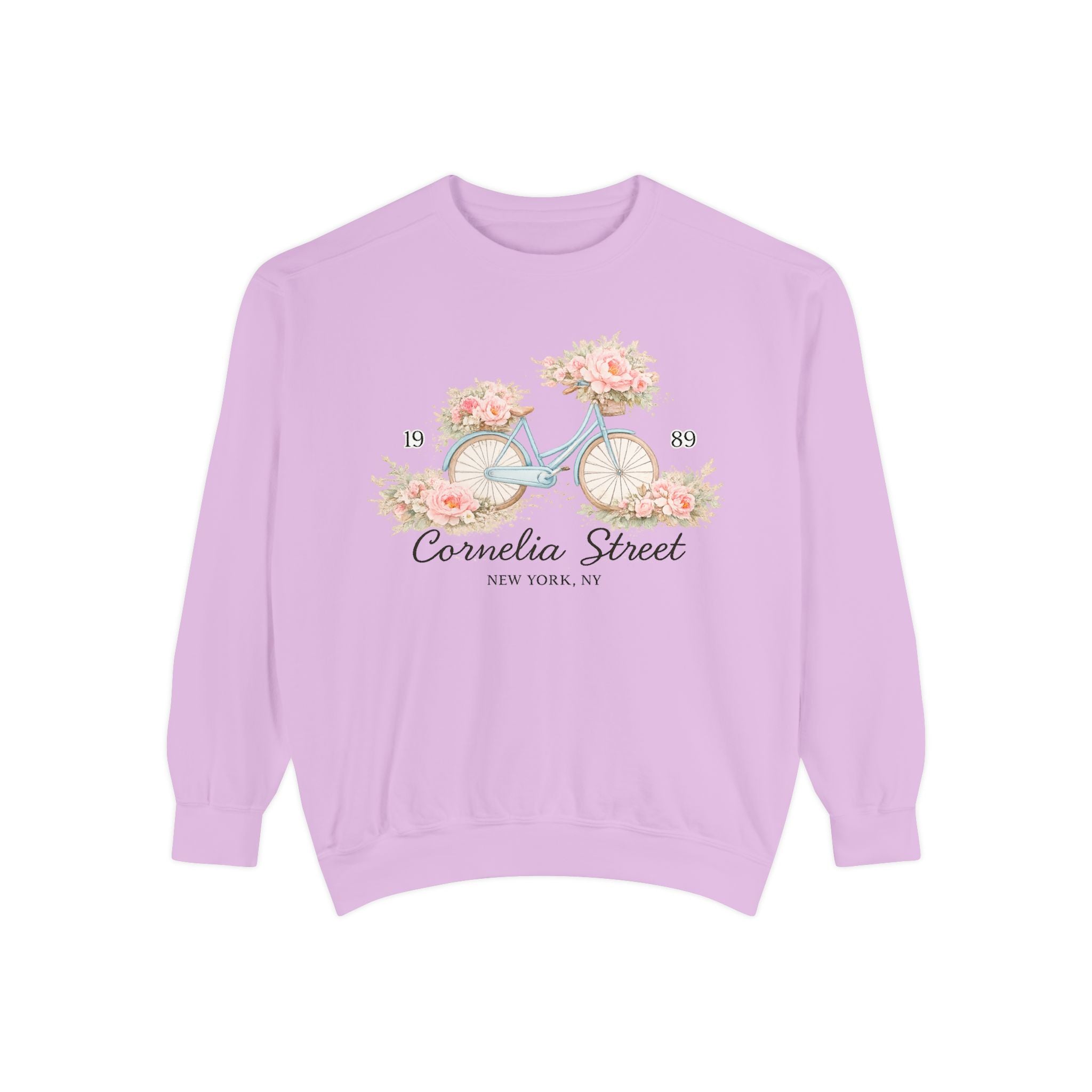 Close up of Cornelia Street floral bicycle design on Comfort Colors 1566 sweatshirt