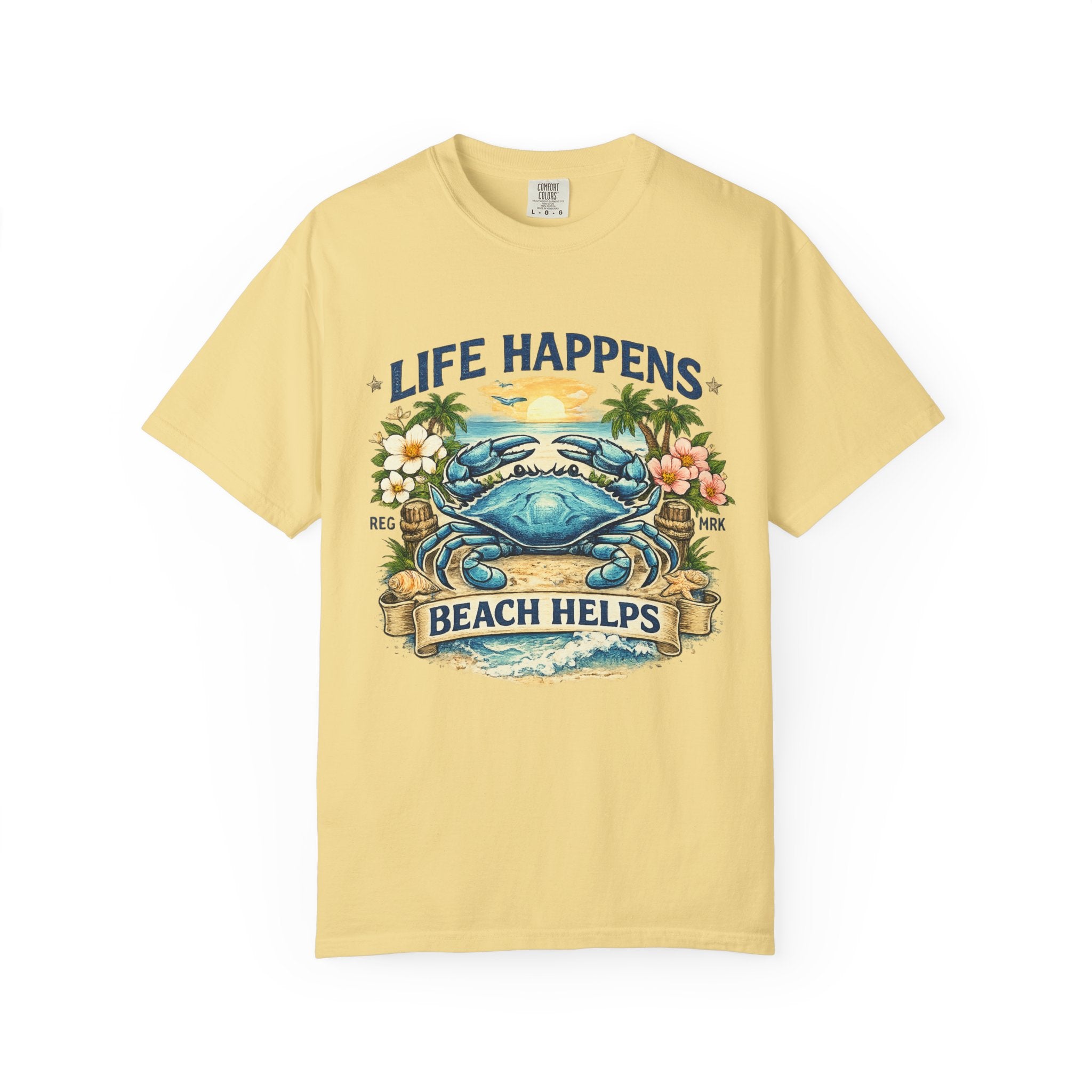 Life Happens Beach Helps Tee | Coastal Blue Crab Spring Graphic T-Shirt