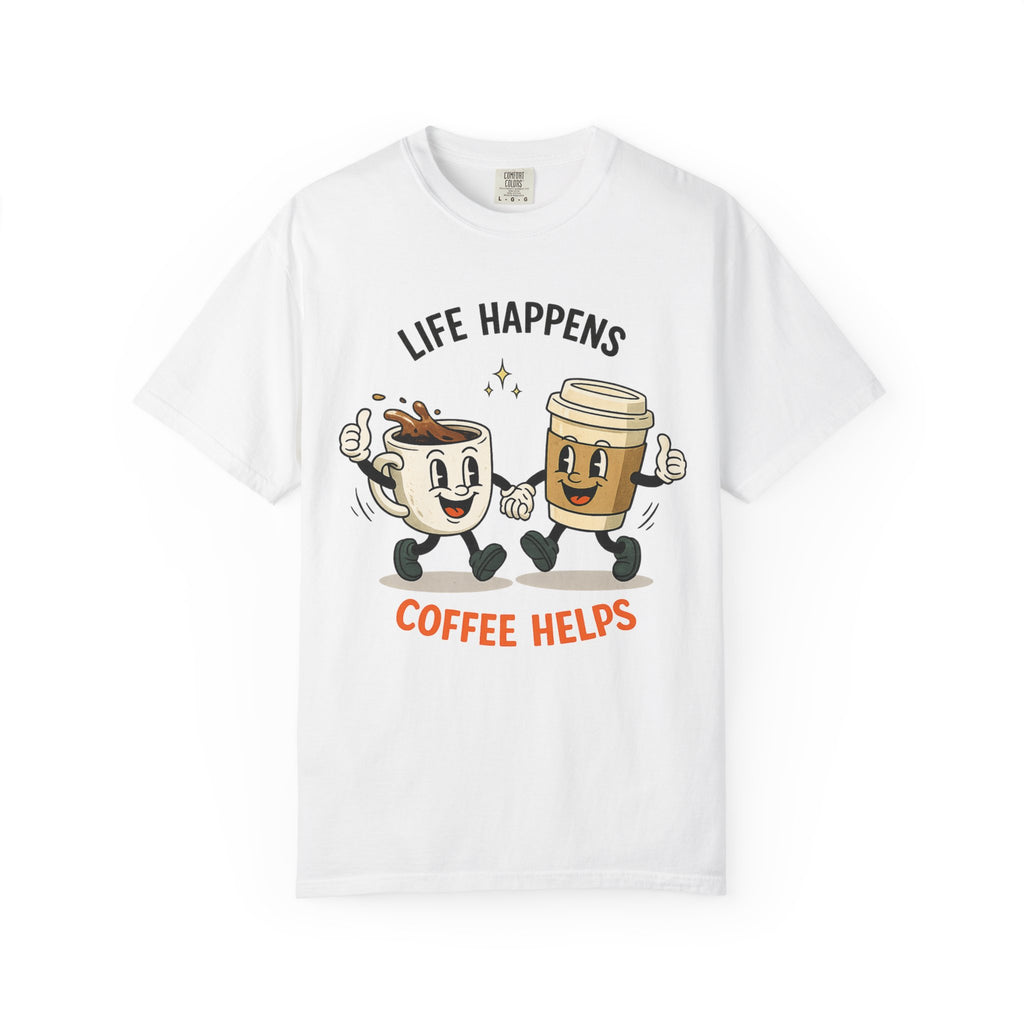"Retro coffee cup to-go mug illustration detail on graphic tee close up
