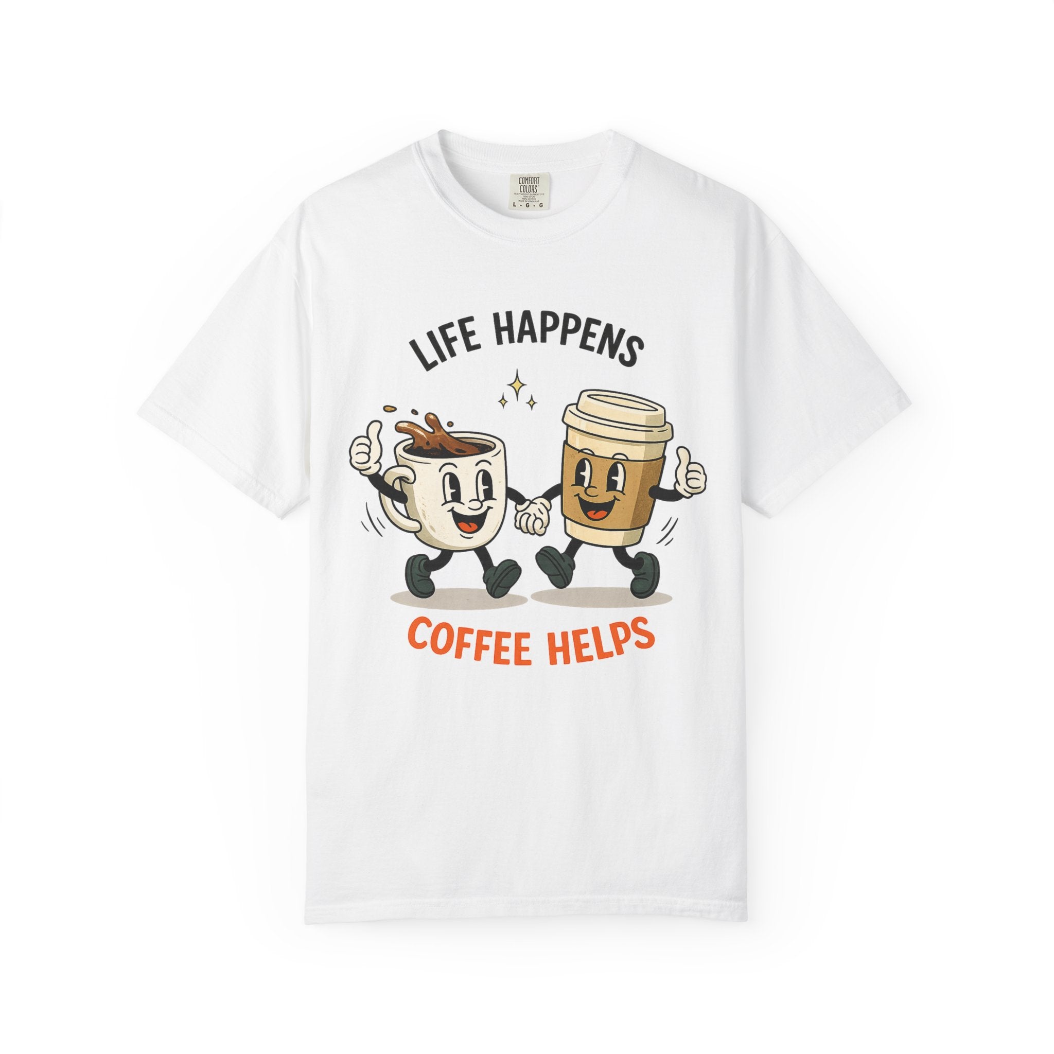 "Retro coffee cup to-go mug illustration detail on graphic tee close up