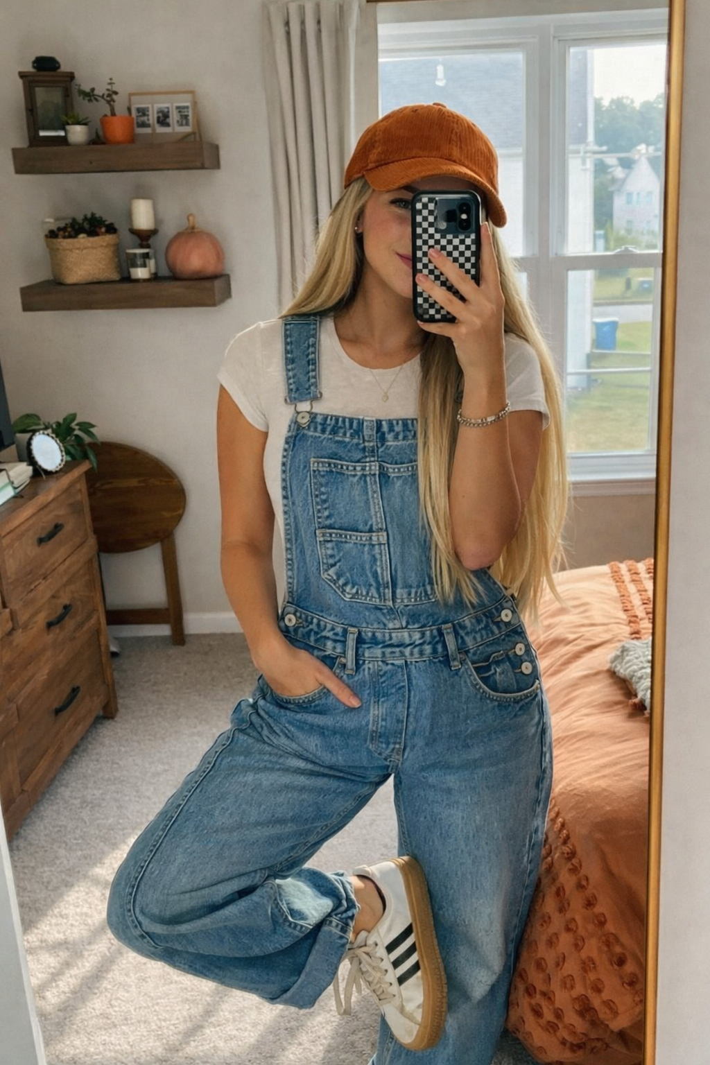 Woman wearing loose fit bib denim overalls styled with a white crop top and sneakers