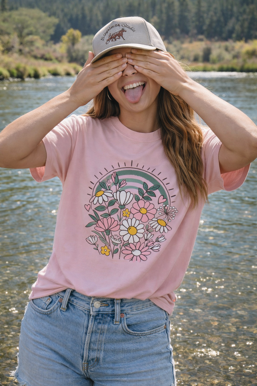 Close-up of pastel floral rainbow graphic printed on Comfort Colors 1717 t-shirt