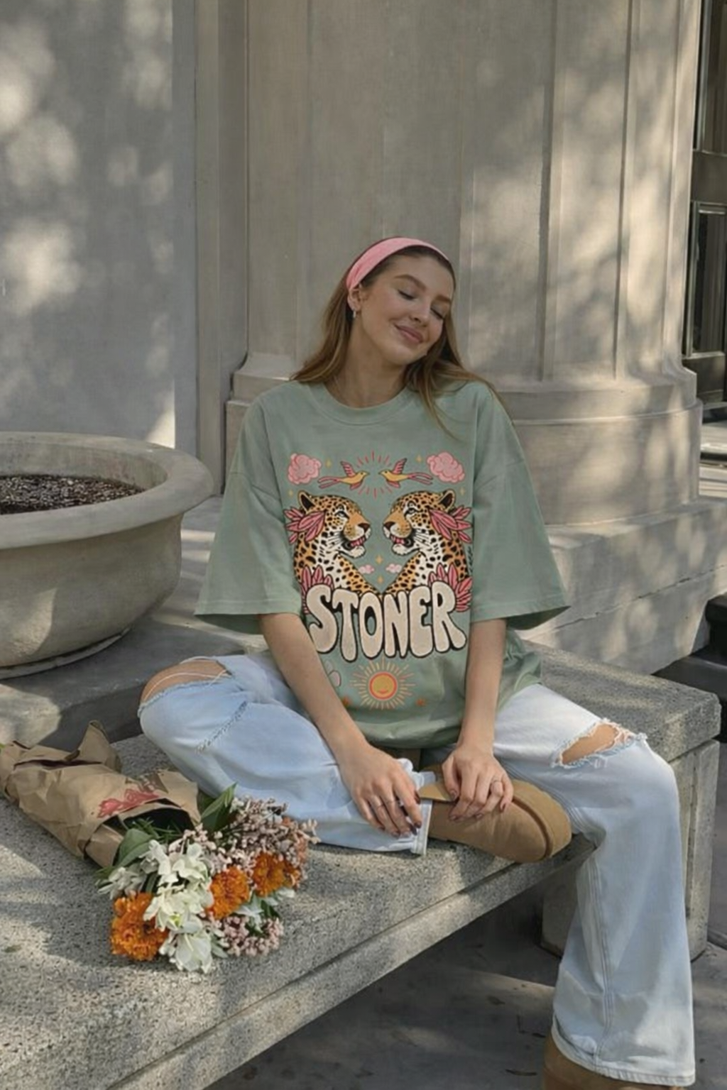 Model wearing Comfort Colors 1717 retro stoner leopard graphic tee