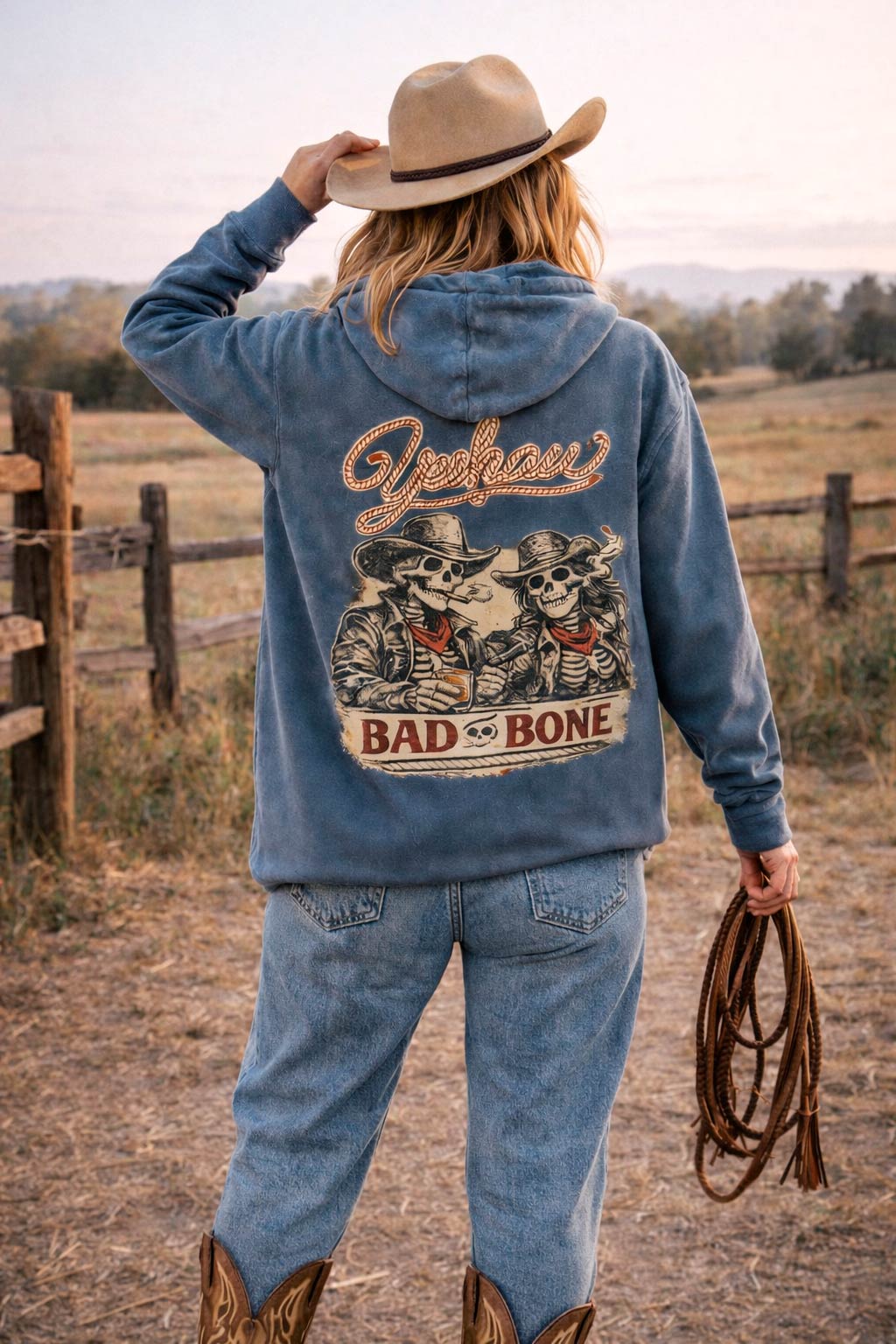 Vintage cowgirl hoodie with western back print on Comfort Colors fabric