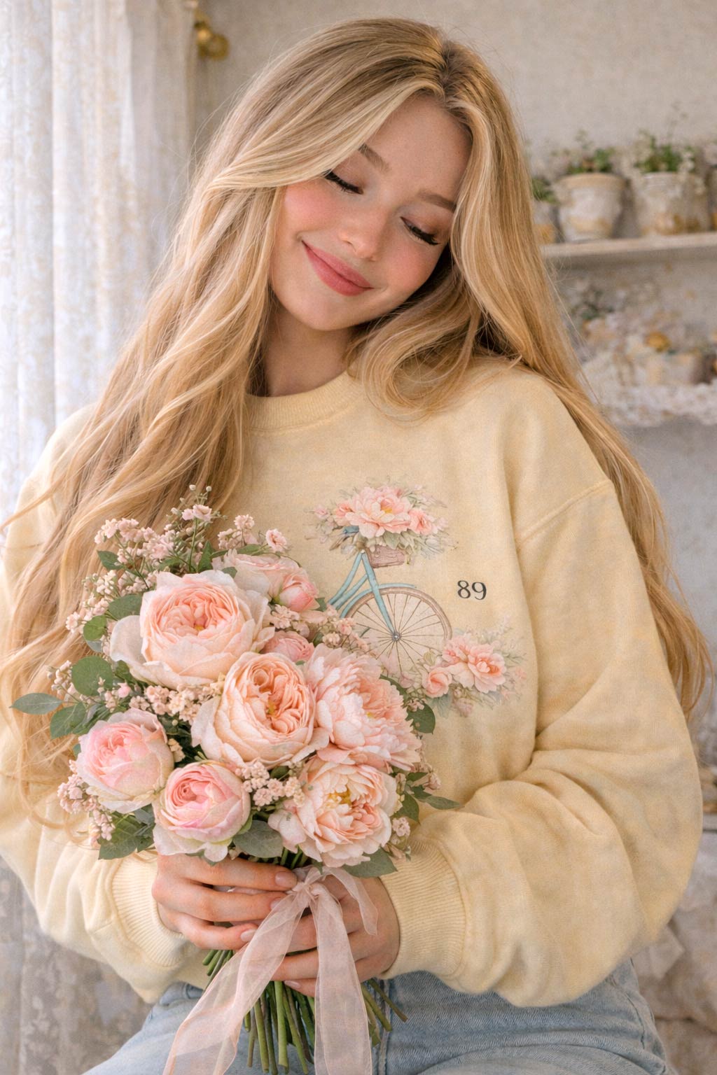 Cornelia Street floral bicycle graphic on Comfort Colors 1566 vintage sweatshirt