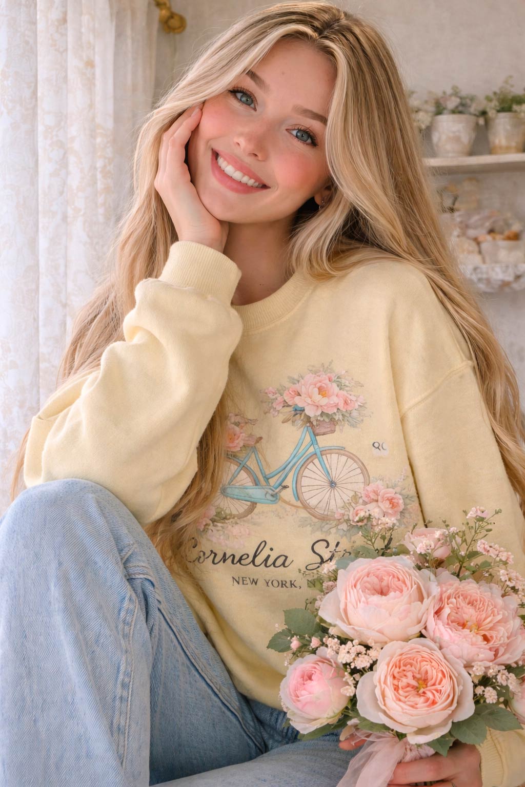 Model wearing Cornelia Street vintage floral sweatshirt holding bouquet of roses and peonies