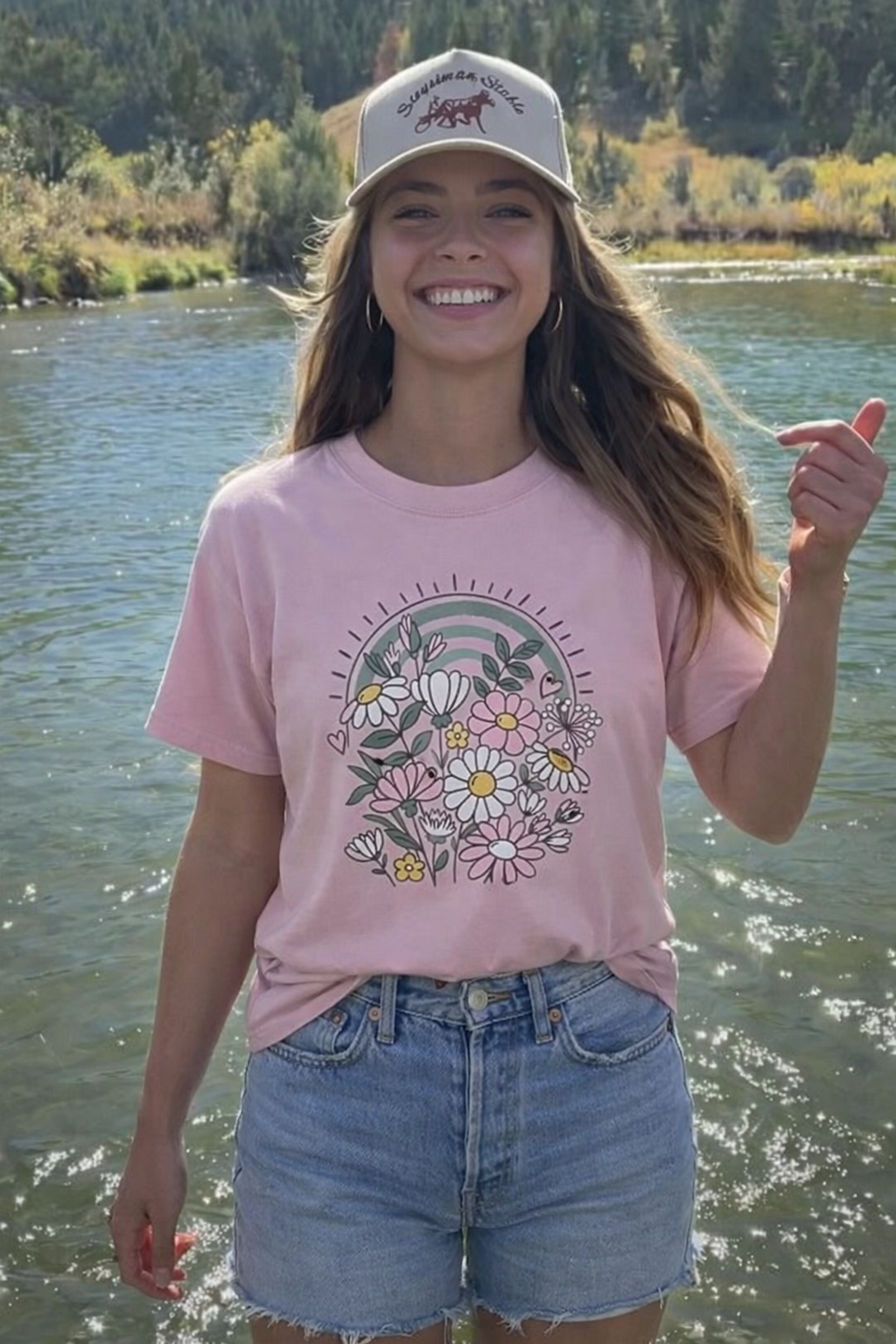 Front view of Comfort Colors 1717 floral rainbow graphic tee with pastel flowers and daisy design