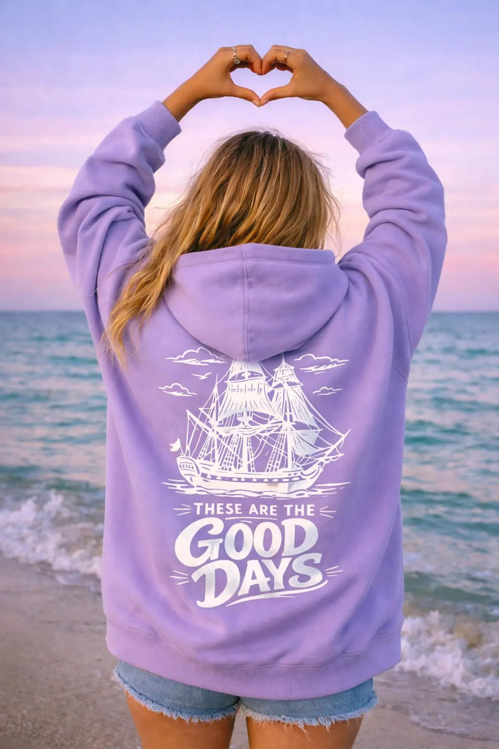 Good days hoodie women vintage nautical sailing ship — lavender Comfort Colors beach sunset