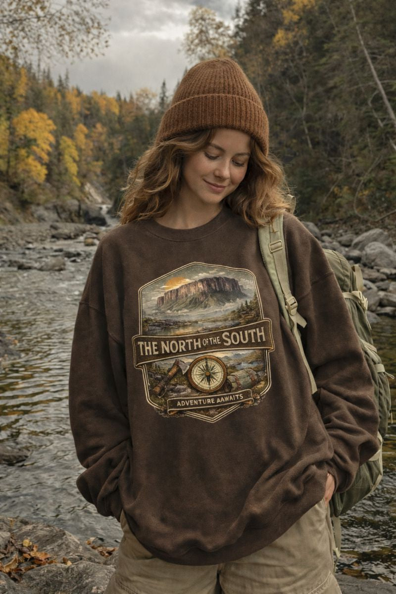 The North of the South logo sweatshirt styled for a granola fits outfit aesthetic