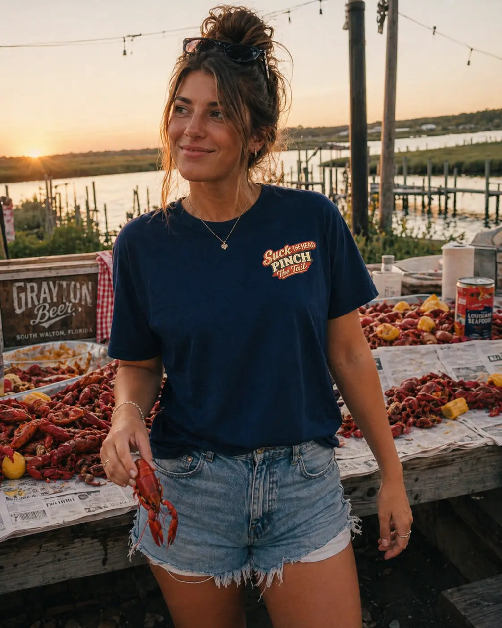 Let The Good Times Boil seafood festival tee for women — relaxed fit navy crawfish graphic shirt by the water