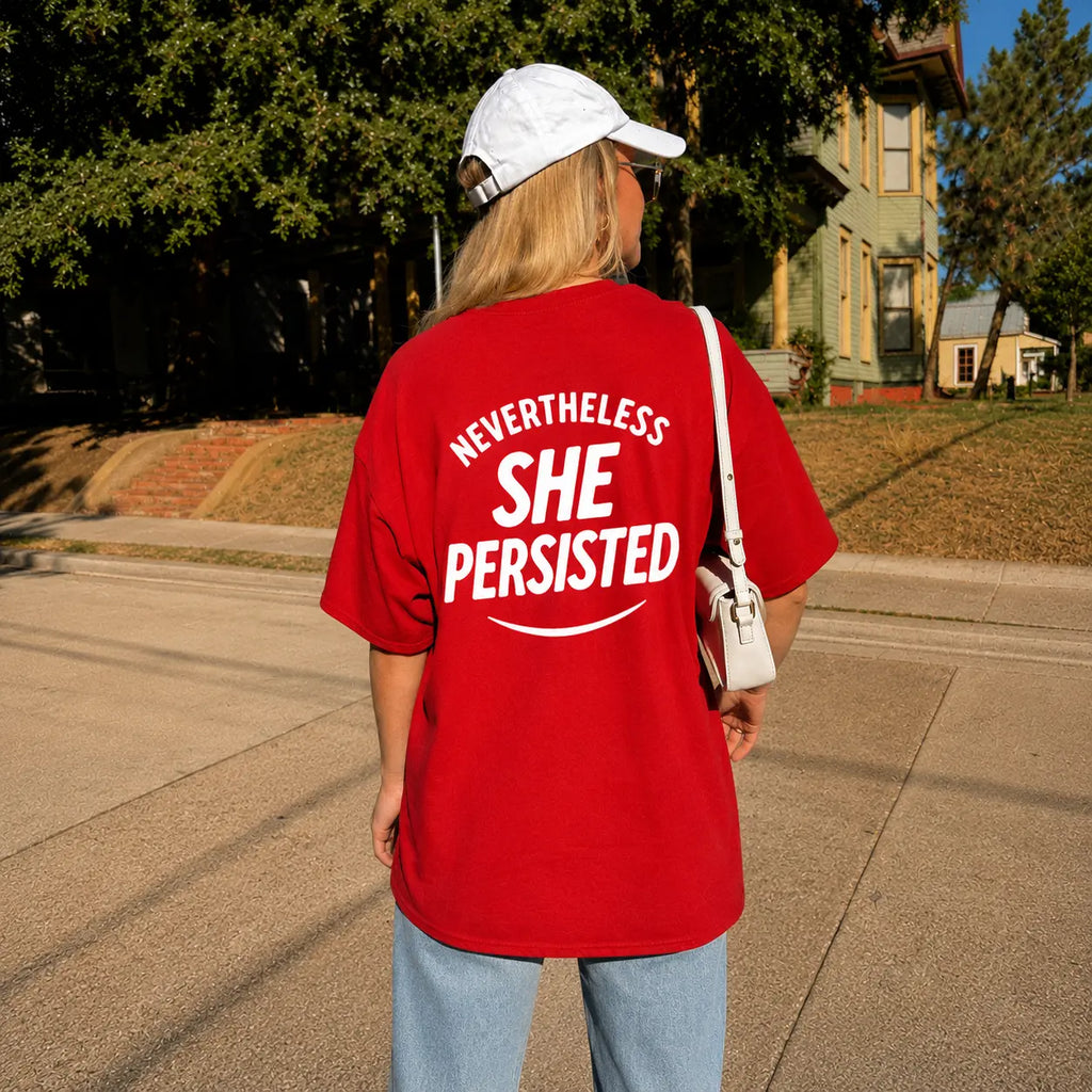 Back print of Nevertheless She Persisted feminist graphic tee in red — bold typography on oversized Comfort Colors t-shirt