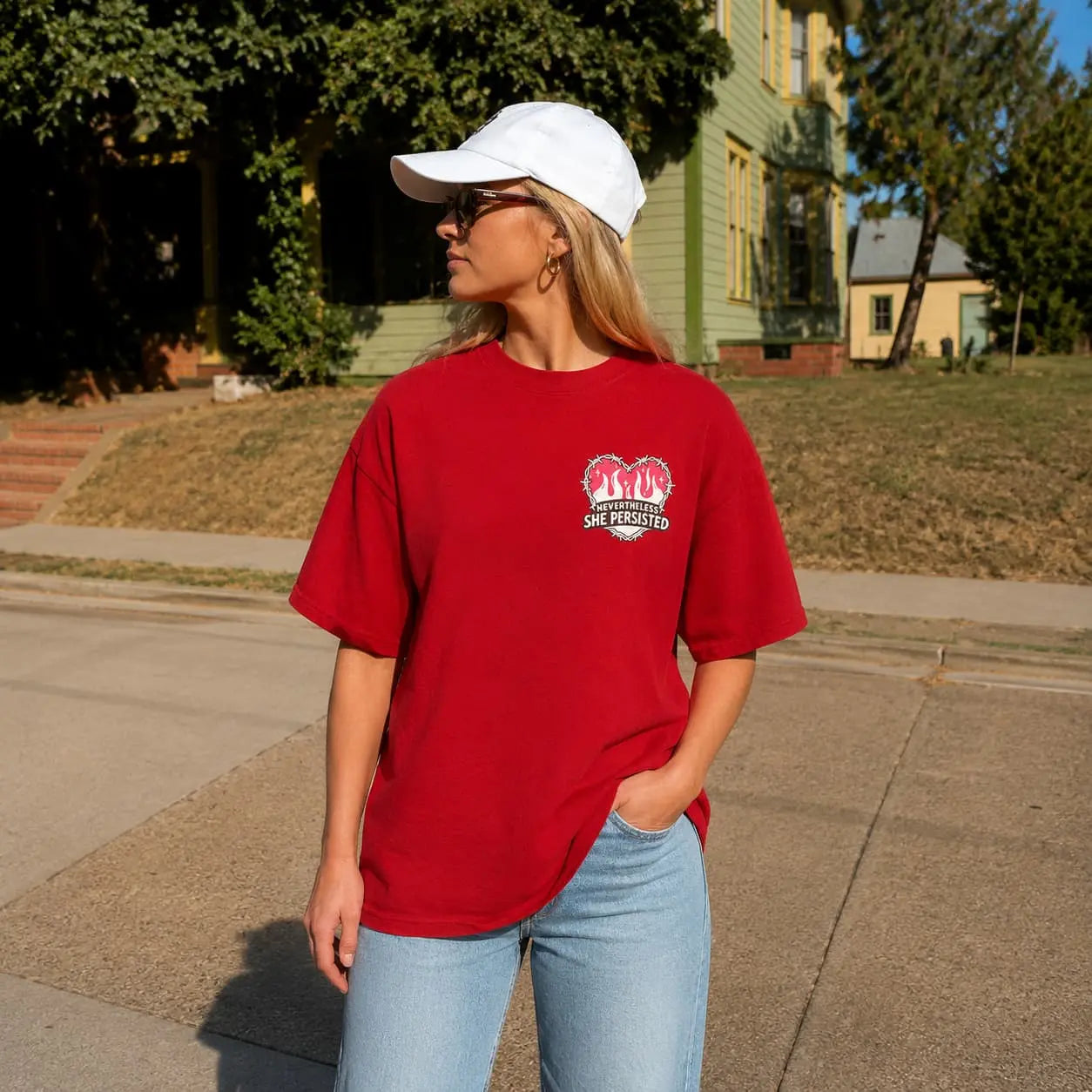 Nevertheless She Persisted vintage graphic tee in red — front chest print, oversized Comfort Colors fit, street style