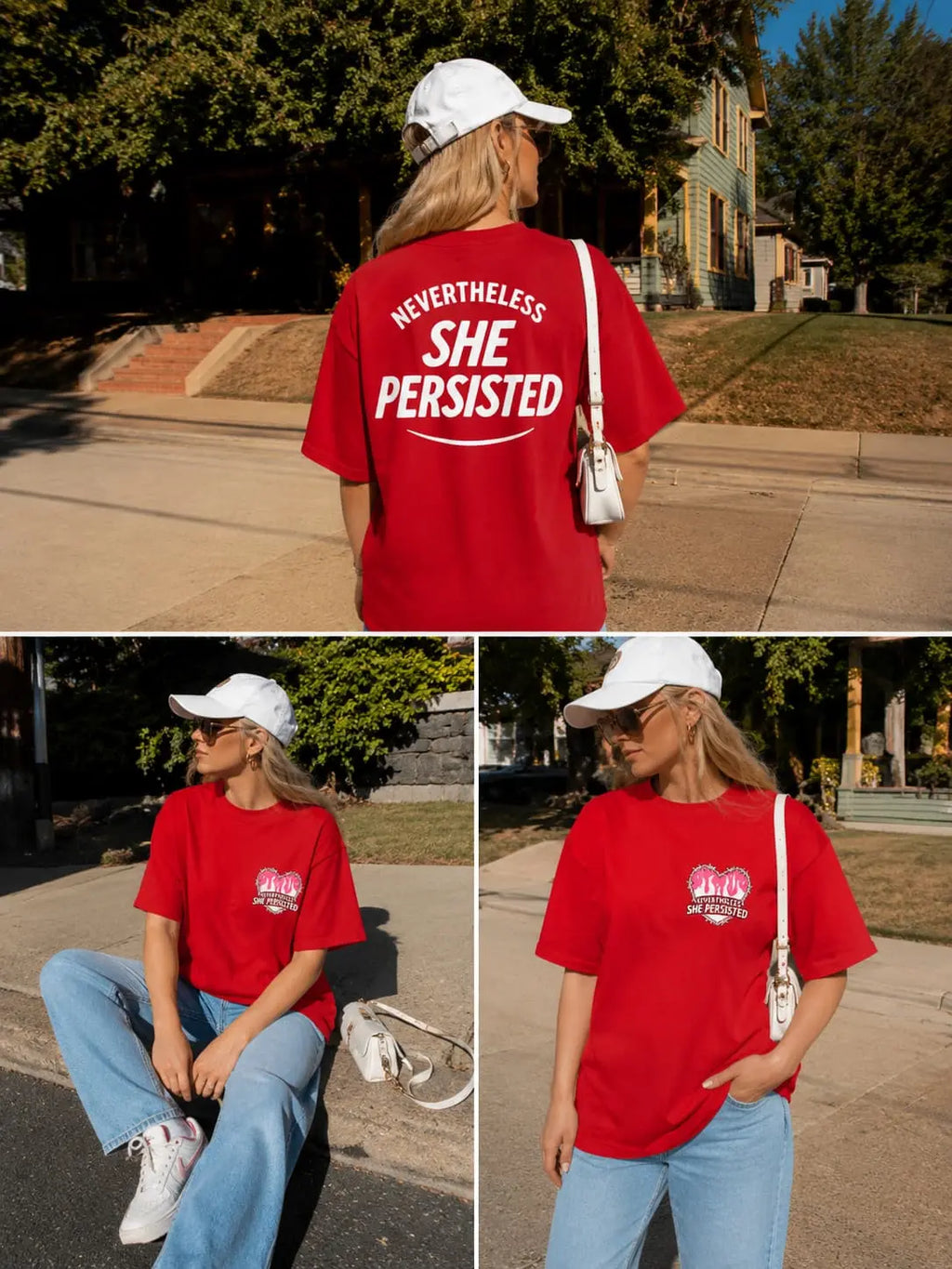 Woman wearing Nevertheless She Persisted graphic tee in red — back print and front chest detail, oversized fit with jeans and white cap