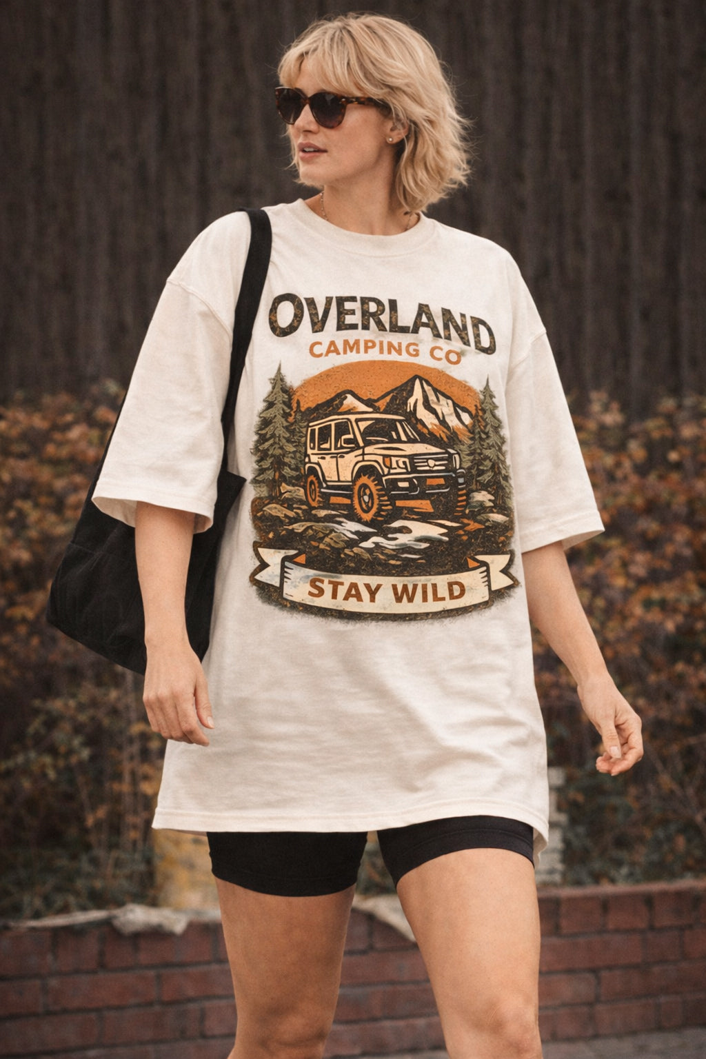Oversized outdoor vintage graphic t-shirt overland camping design in ivory
