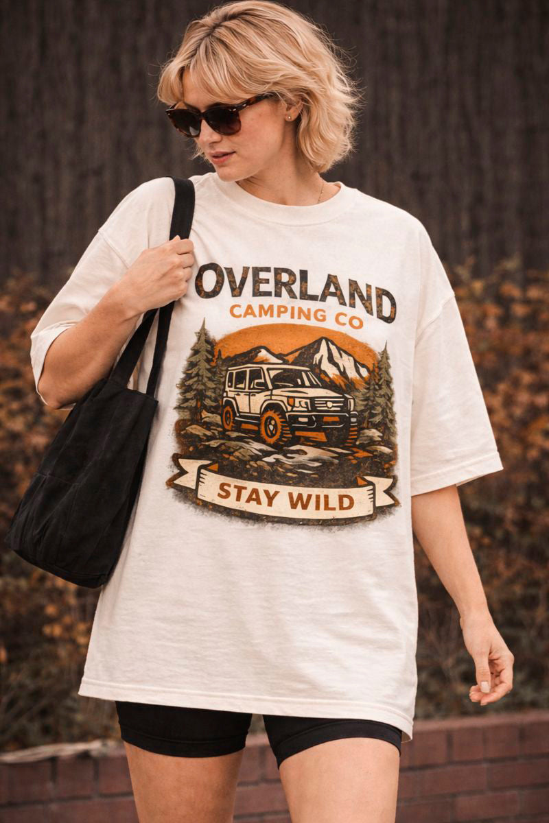 Overland camping vintage graphic tee oversized in ivory worn by model

