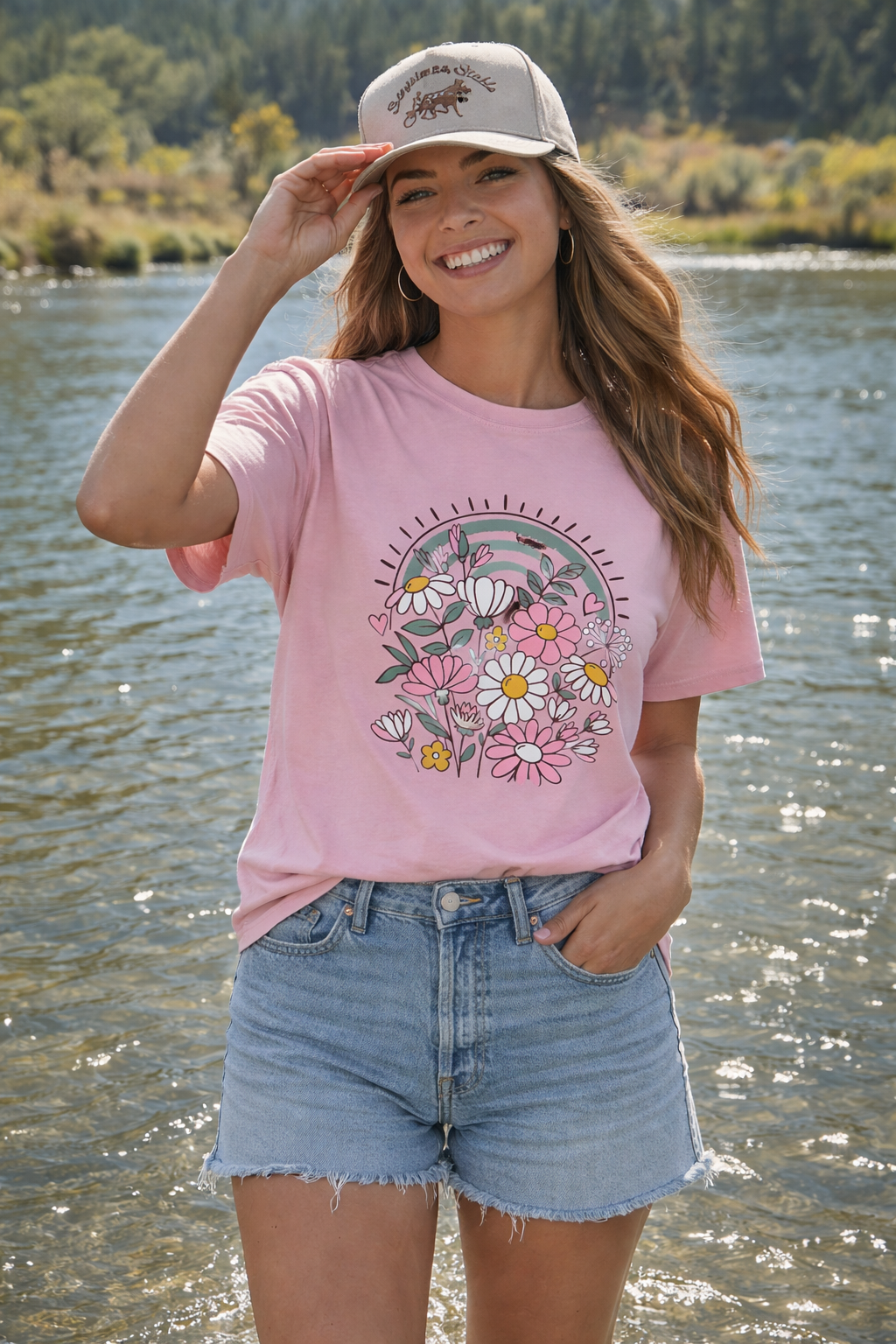 Pastel flower aesthetic shirt on Comfort Colors 1717 with rainbow floral artwork