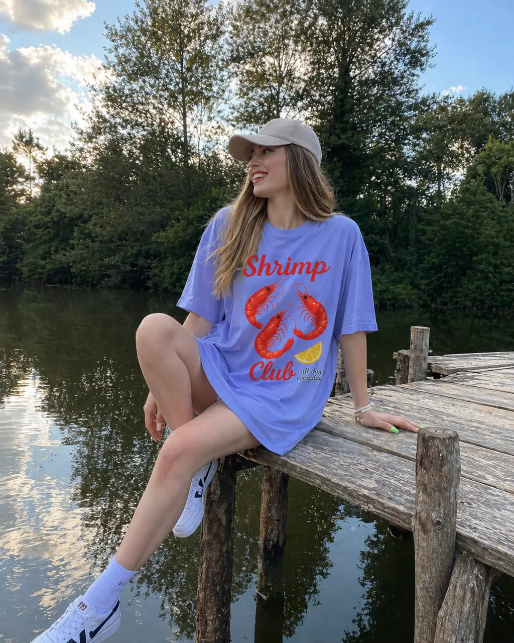 Shrimp Club Comfort Colors tee women lifestyle photo — oversized seafood graphic shirt for summer
