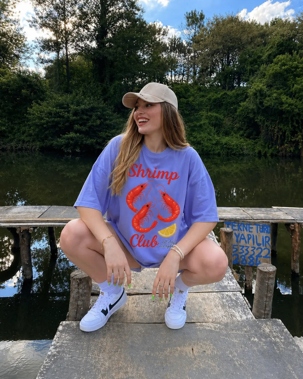 Shrimp Club graphic t-shirt for women in lavender — garment-dyed Comfort Colors oversized fit