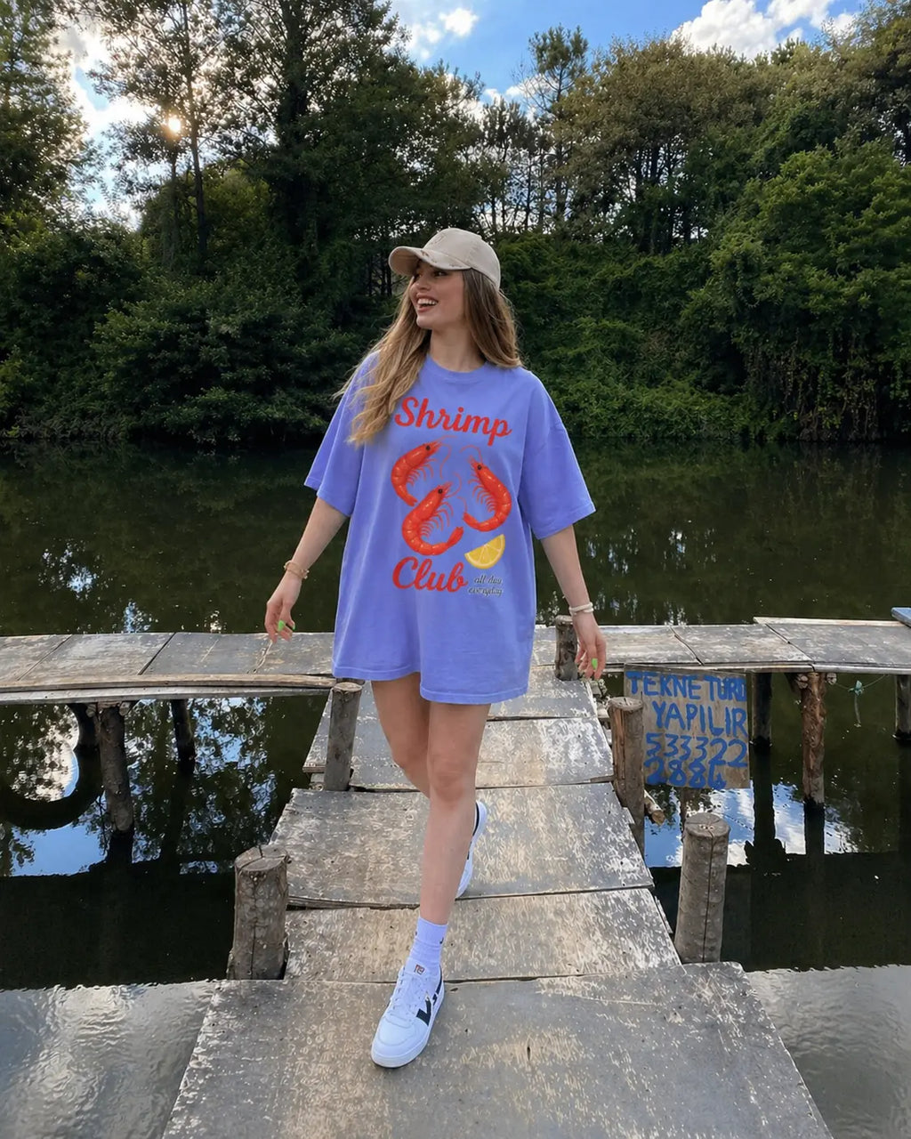 Full look Shrimp Club seafood lover tee for women — relaxed oversized fit with white sneakers and cap