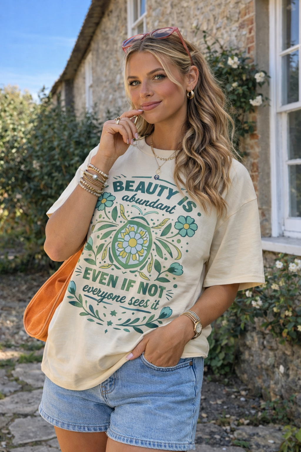 Spring floral quote shirt featuring Beauty Is Abundant design with turquoise flowers and botanical details