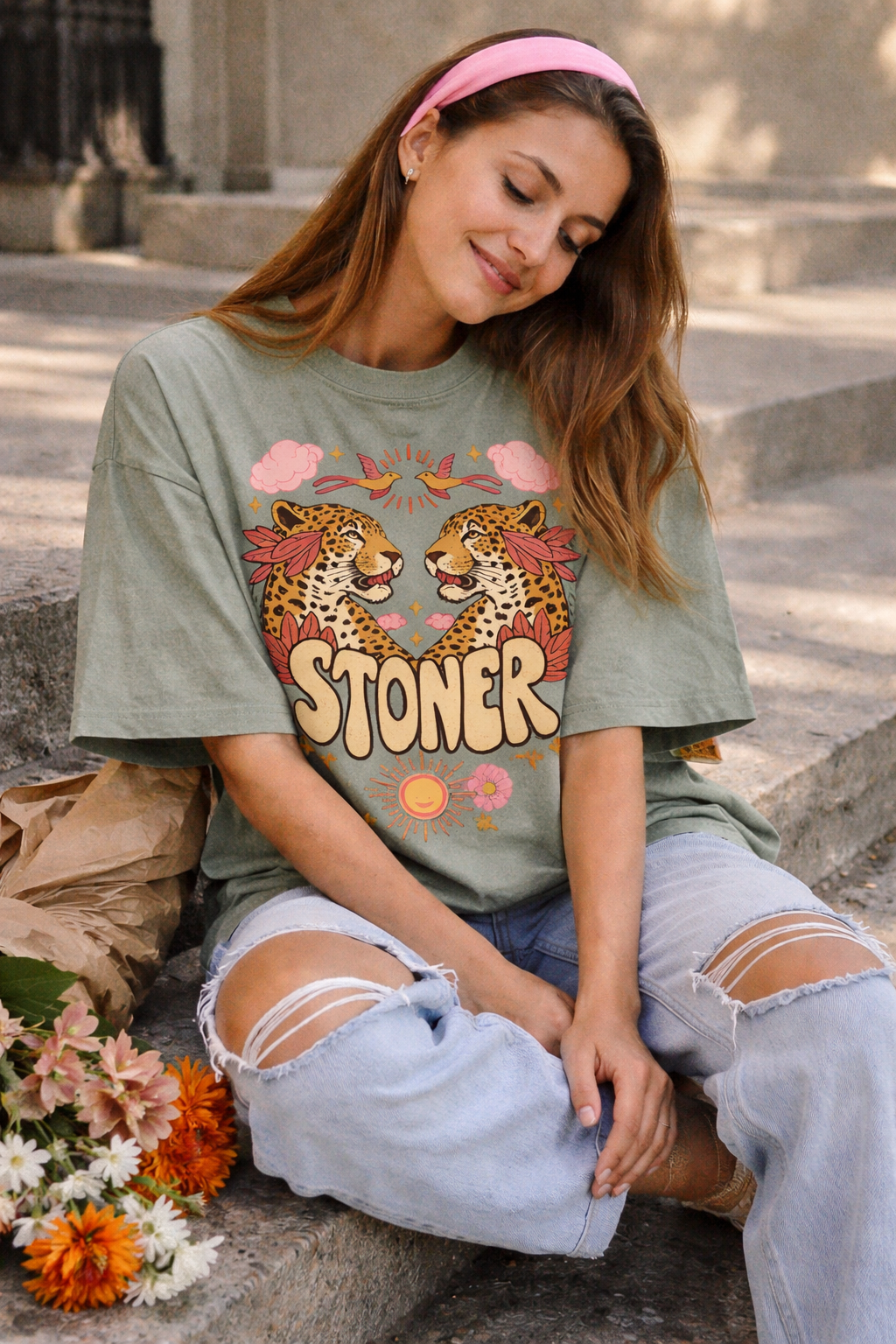 Spring graphic tee in mint with leopard and floral retro artwork