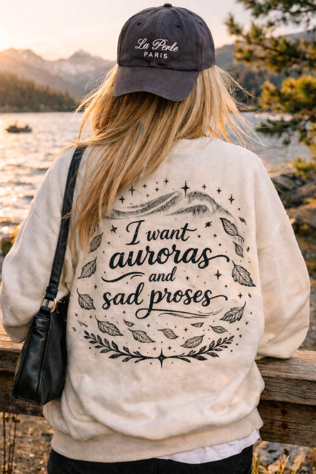 Woman walking lakeside wearing The Lakes crewneck sweatshirt with retro mountain lake illustration on the back