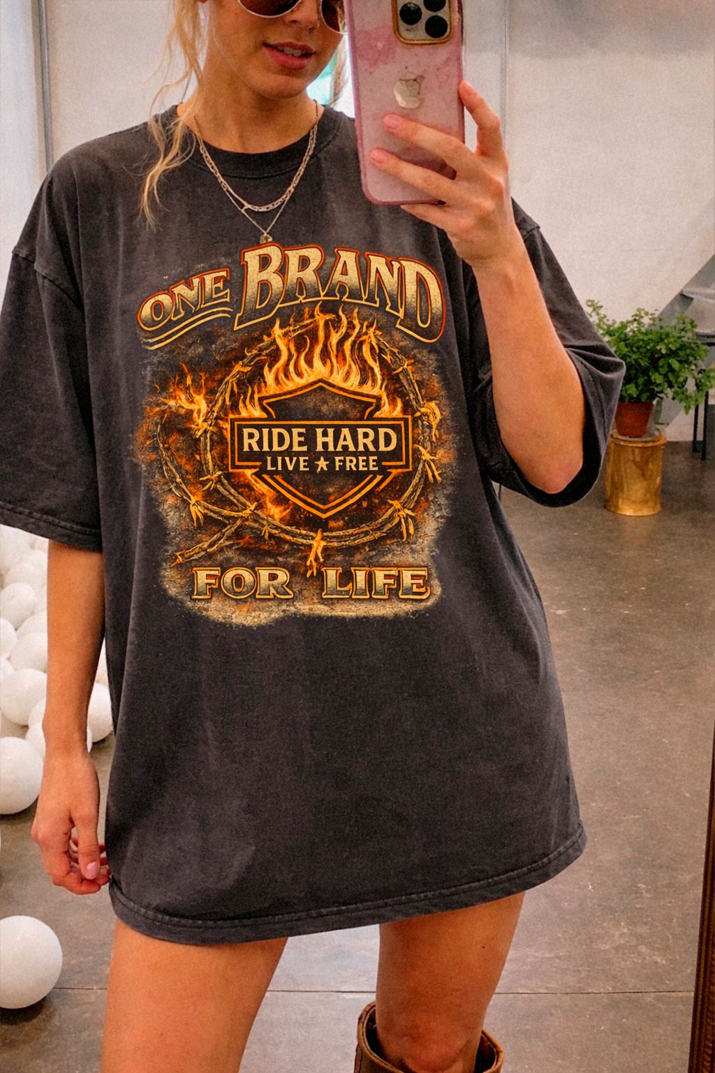 Vintage motorcycle graphic tee One Brand Ride Hard Live Free printed on Comfort Colors Pepper shirt
