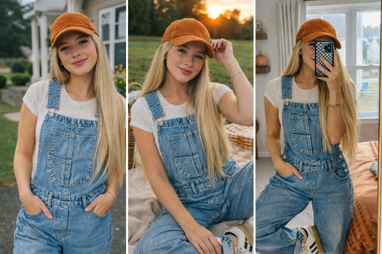 Close-up detail of deep front pockets and metal hardware on women's denim bib overalls