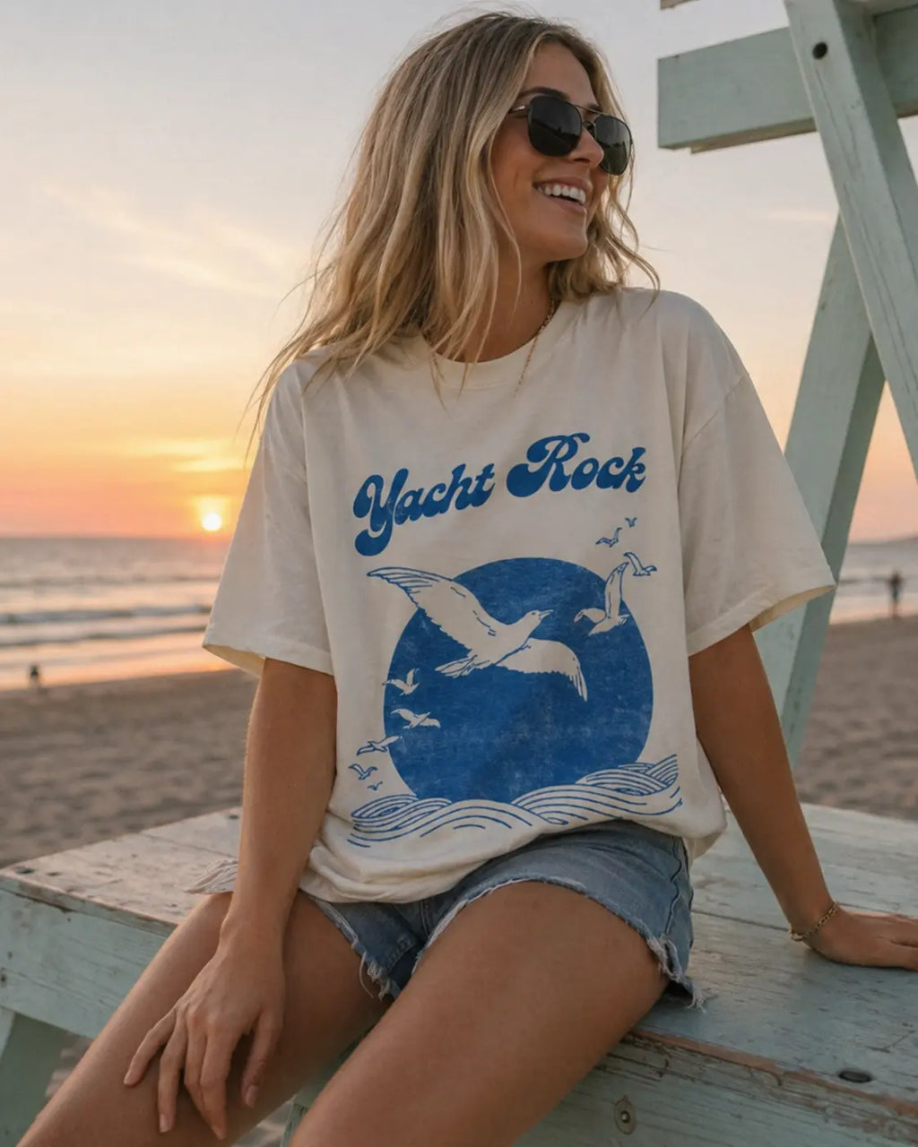 Back graphic of Yacht Rock tee for women — vintage seagull and ocean design on white Comfort Colors shirt