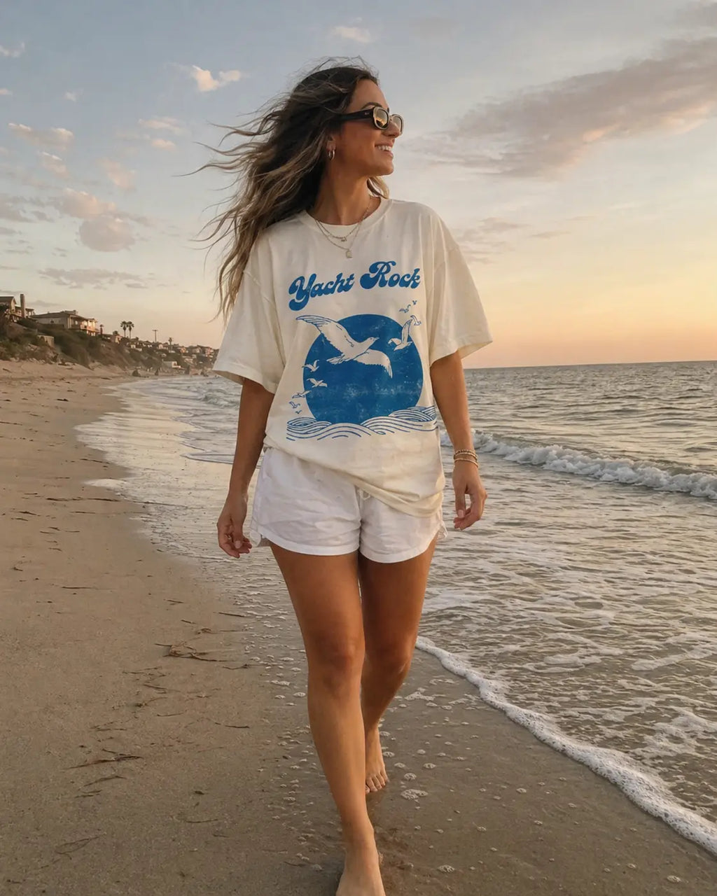 Yacht Rock seagull graphic tee for women walking on beach — oversized Comfort Colors coastal shirt